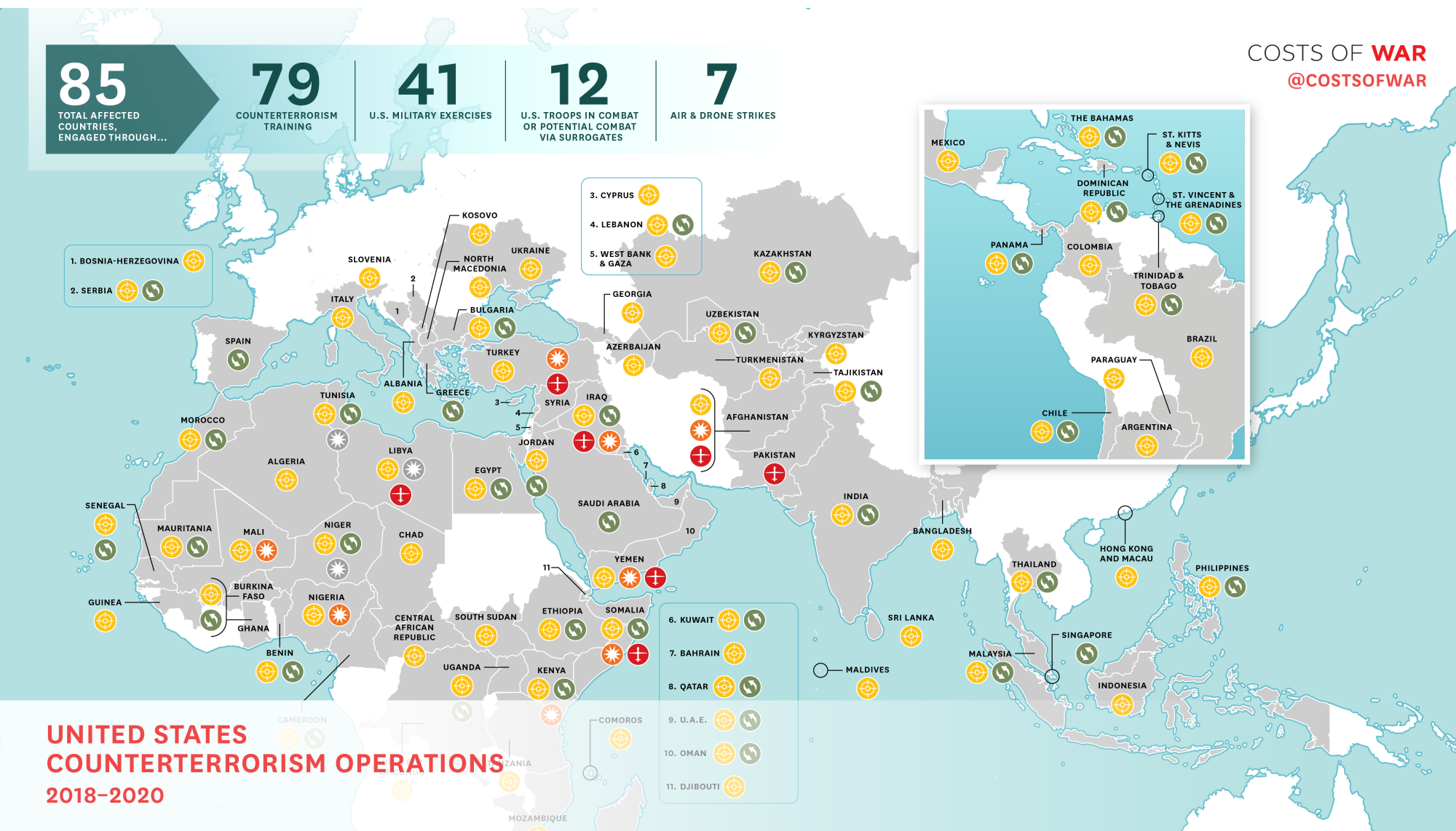 A map detailing US Counterterrorism Operations around the world from 2018-2020